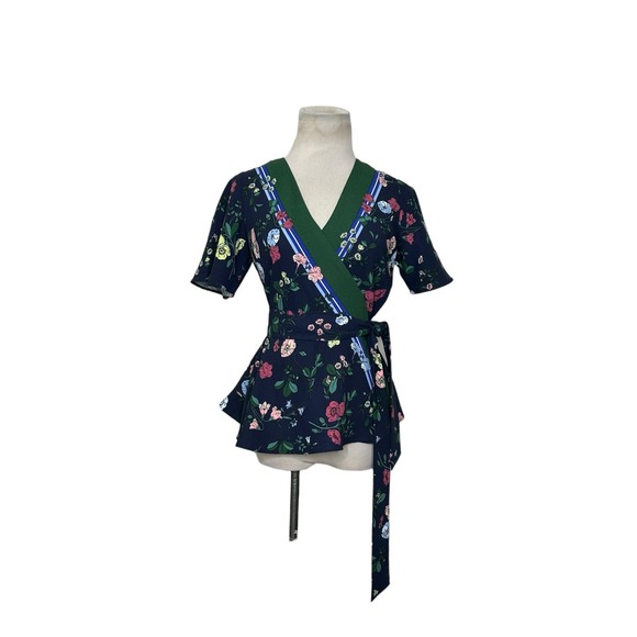 Ann Taylor black pink floral short sleeves wrap blouse size XXSP - Picture 6 of 10